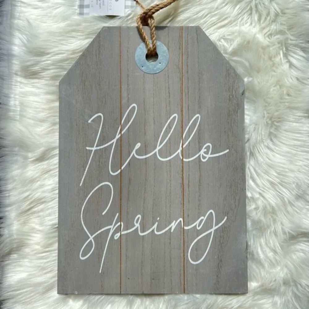 Hello Spring Wood Door Hanger with Rope Hanging Loop Gray / White 14” x 20” - Picture 1 of 2